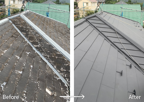 屋根カバー工事の施工前、後の比較写真